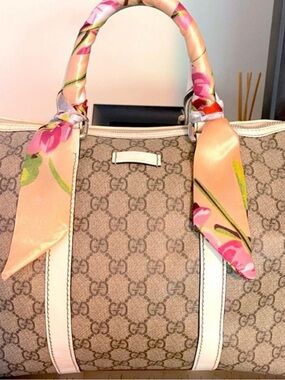 Gucci Beige GG Canvas Tote with Pink Floral Scarf-Wrapped Handles